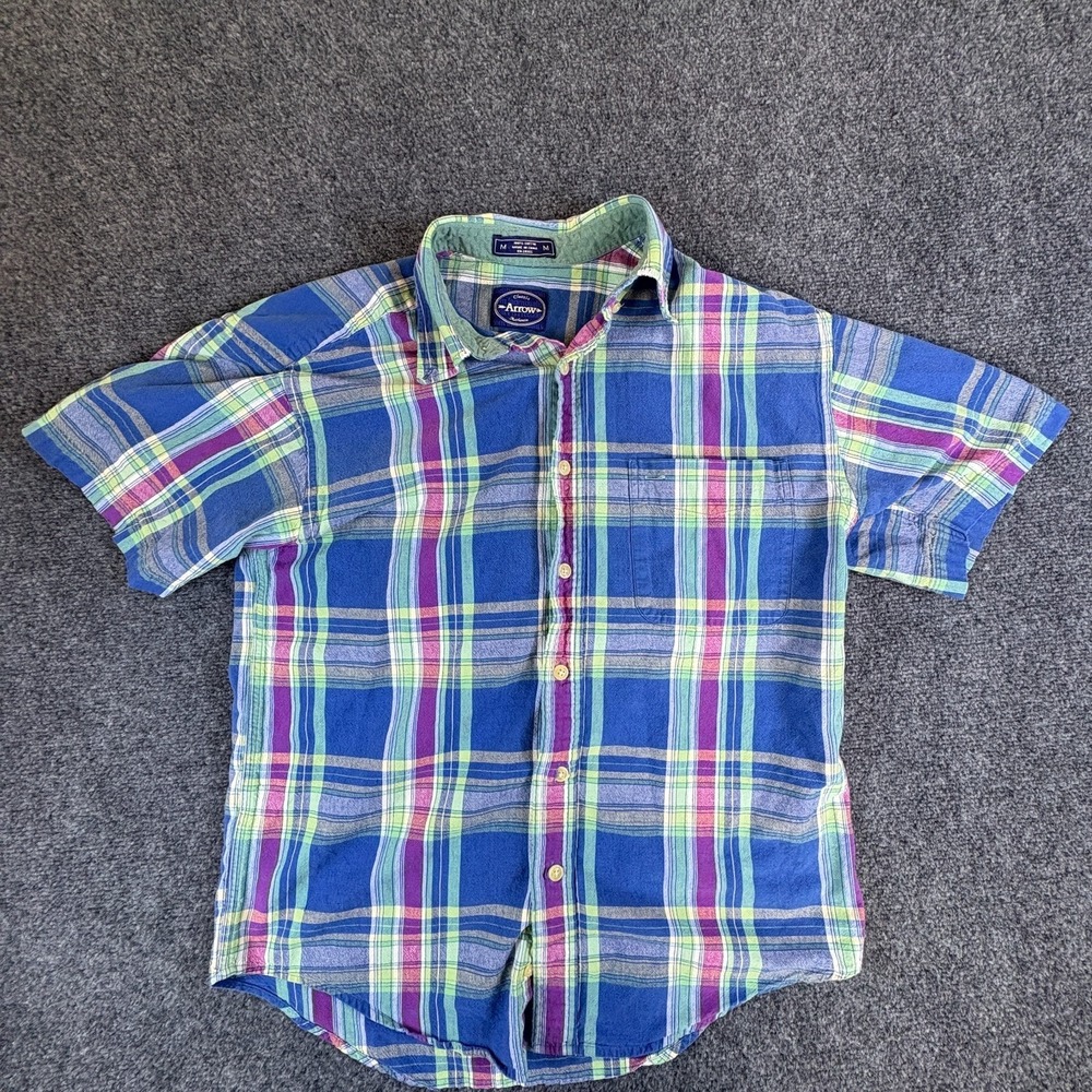 Arrow Shirt Mens Medium Multicolor Cotton Plaid Short Sleeve Travel Button Up
